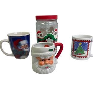 4 Piece Christmas Santa Claus Ceramic Mug Glass Storage Jar w Lid Holiday Lot